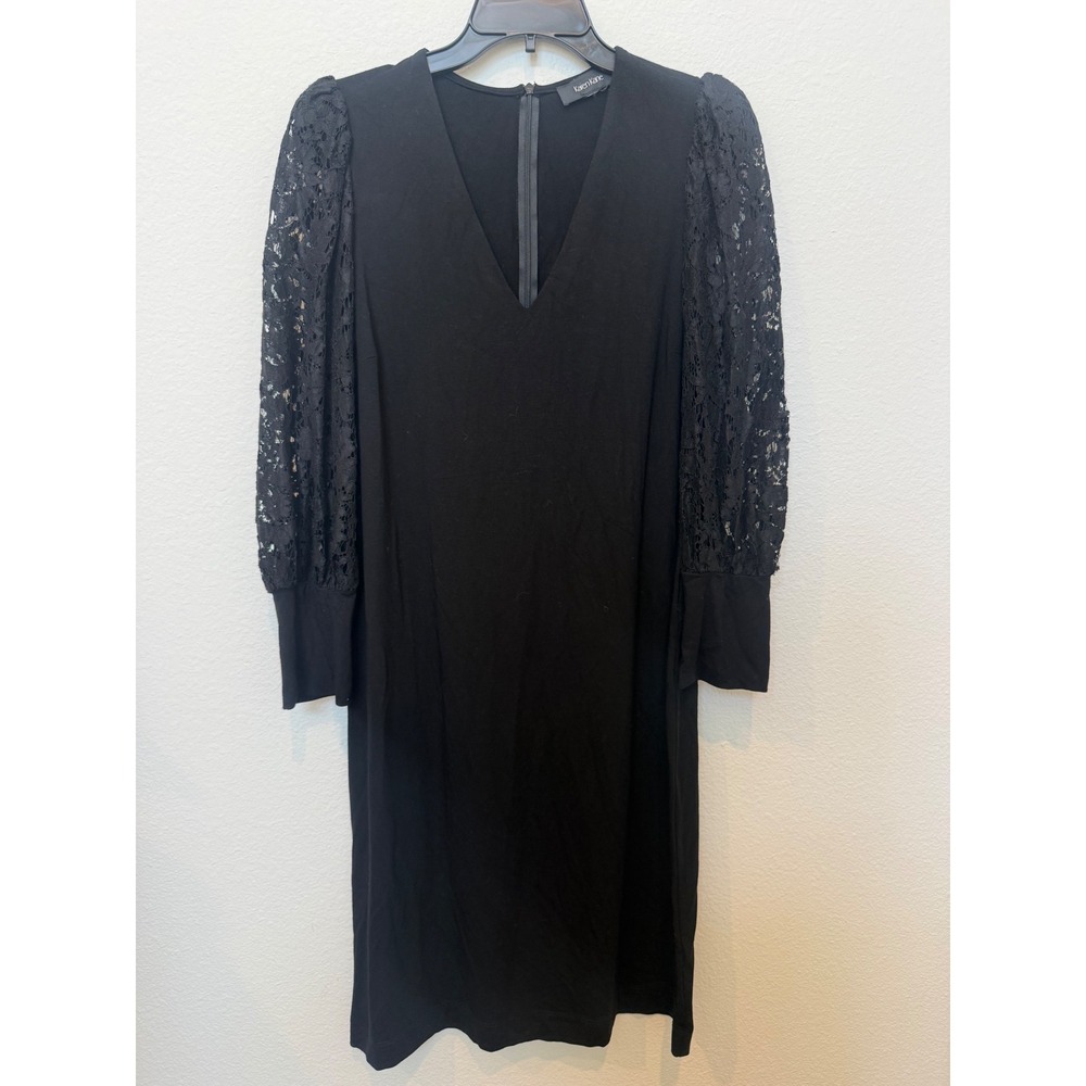 Karen Kane Black Lace Puff Sleeve V-Neck Jersey Shift Dress Party Womens Med